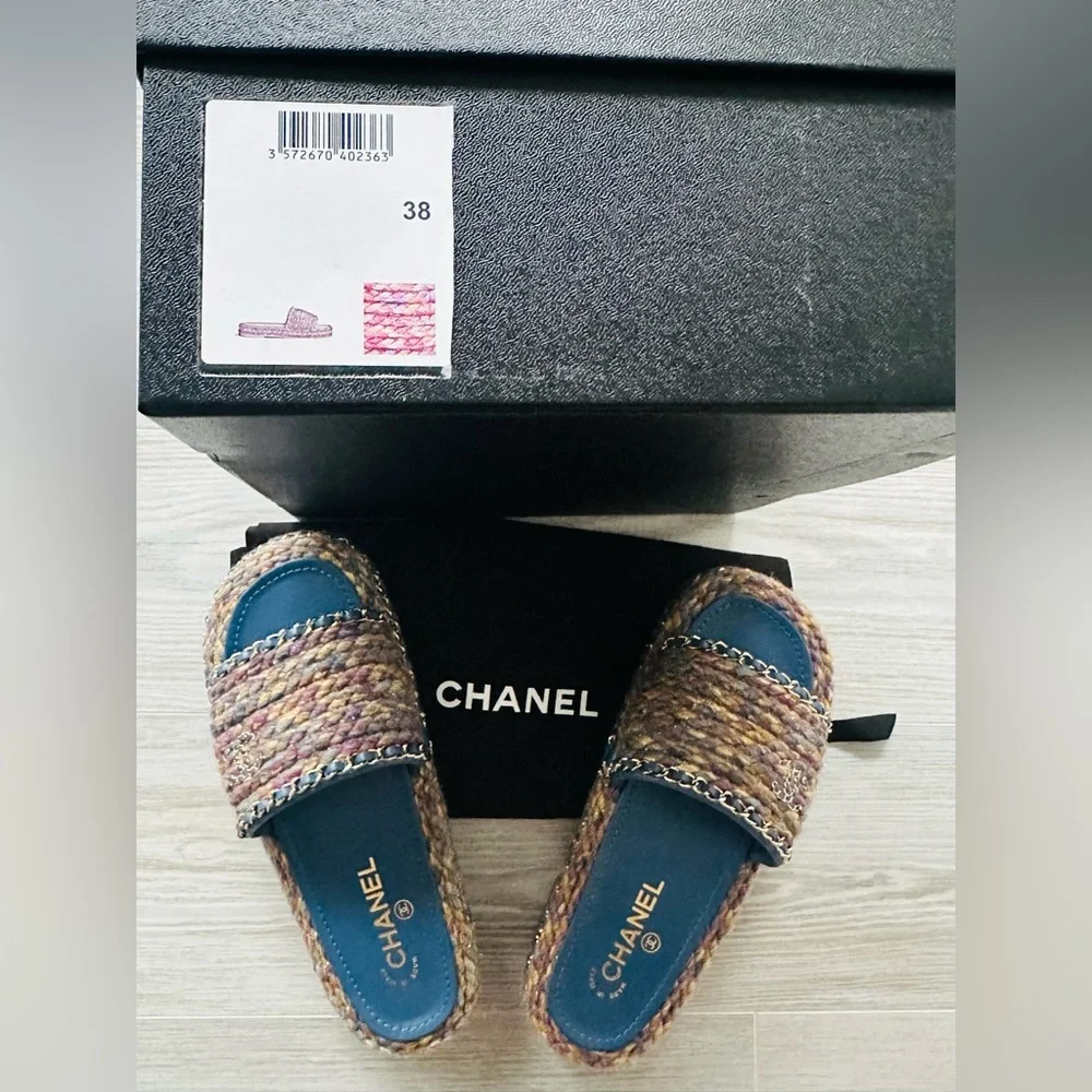 Chanel multicolor blue purple tweed leather CC chain mules sandals NEW WITH BOX - Picture 5 of 11